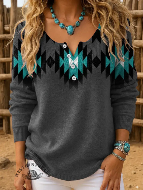Retro Aztec Print Buttoned Cardigan Sweater