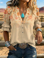 Women's Retro Floral Art Puff Sleeve Casual Shirt
