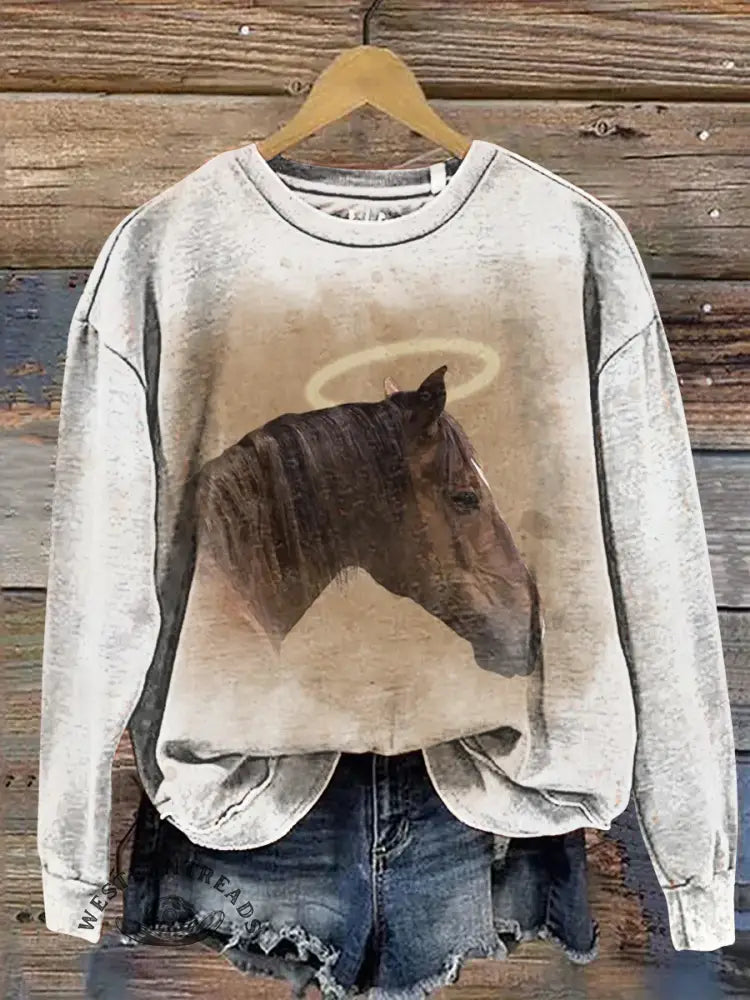 Angel Horse Print Casual Cotton Sweatshirt