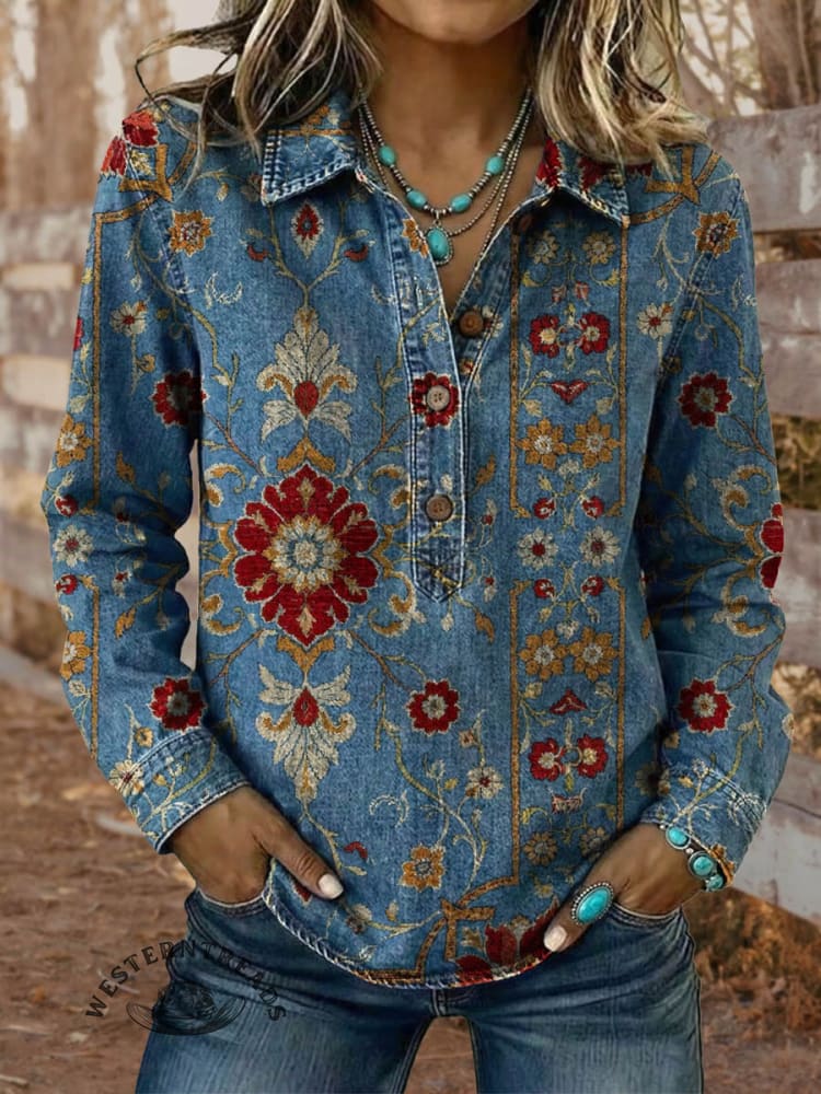 Vintage Flowers Elegant Denim Aztec Art Shirt