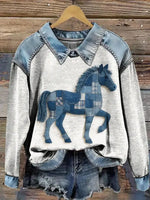 Horse Print Casual Denim Patchwork Sweatshirt
