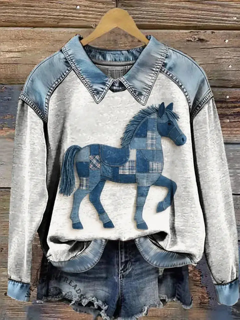 Horse Print Casual Denim Patchwork Sweatshirt