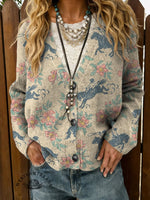 Western Horse Print Buttoned Cardigan Sweater