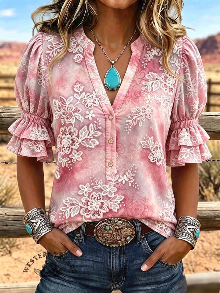 Women's Vintage Art Print Puff Sleeve Casual Shirt