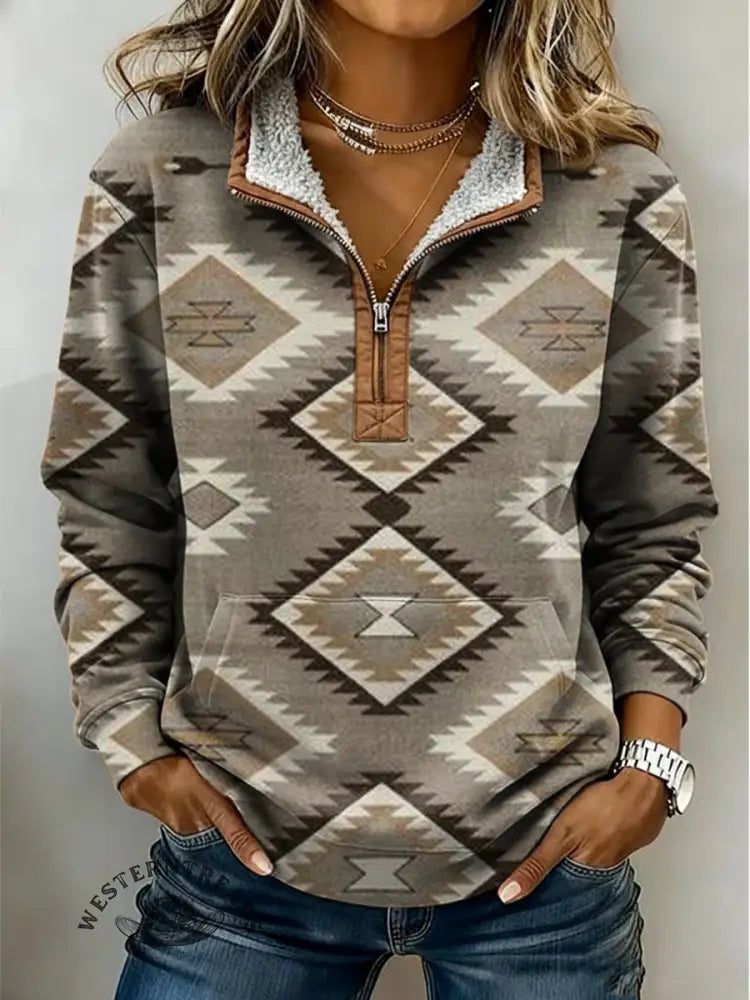 Retro Aztec Print Casual Half-zip Cotton Sweatshirt