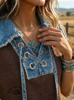 Retro Denim Drawstring Patchwork T-shirt