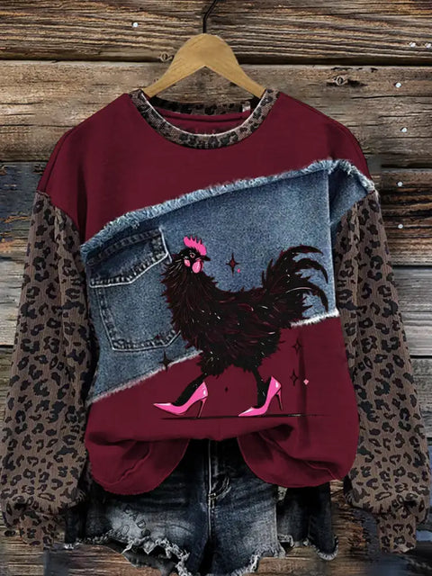 Chicken In High Heels Leopard Print Denim Patchwork Casual Cotton Sweatshirt