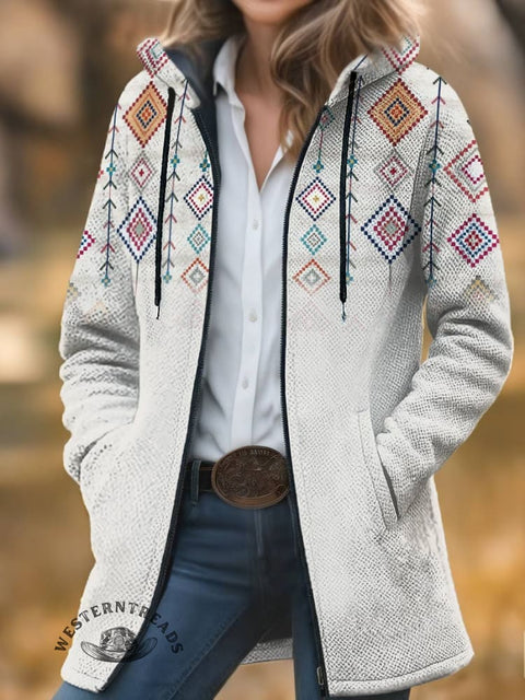 West Print Unisex Plush Thick Long-sleeved Cardigan Coat