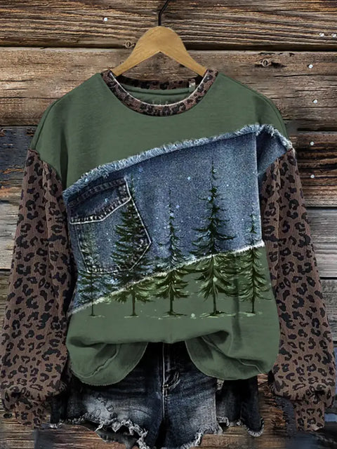 Pine Leopard Print Denim Patchwork Casual Cotton Sweatshirt