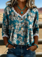 Women's Vintage Floral Print Casual Hollow-Out Denim Shirt
