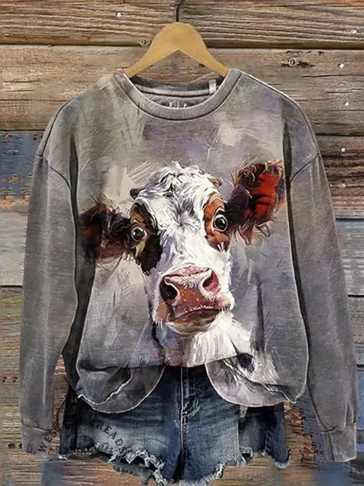 Retro Cow pattern Art Print Casual Sweatshirt