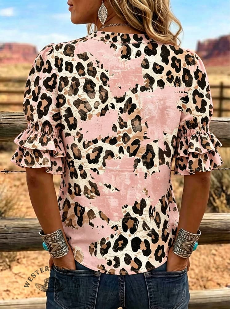Women's Leopard T Print Puff Sleeve Casual Shirt