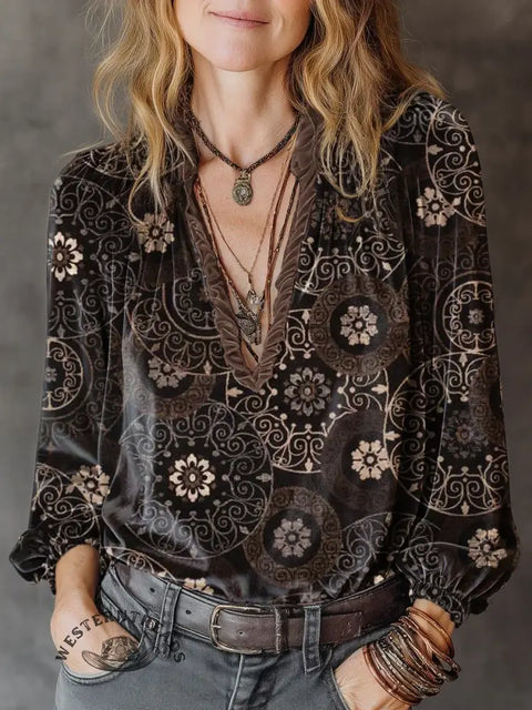 Women's retro flower Print Casual Cotton Shirt