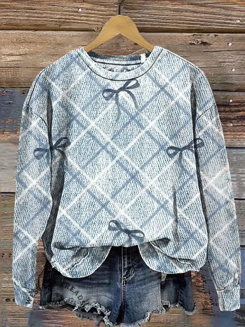 Checkered Bow Print Casual Cotton Sweatshirt
