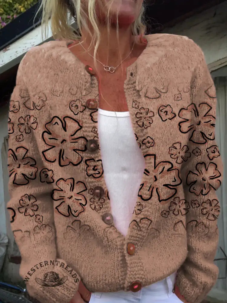 Retro Flower Gradient Print Buttoned Cardigan Sweater