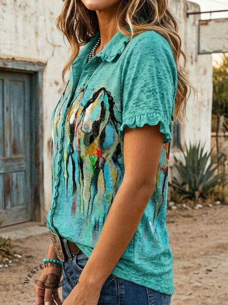 Women's Vintage Horse Print Casual Cotton Ruffle Shirt