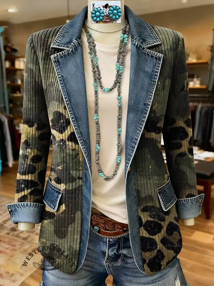 Leopard Art Print Patchwork Denim Sweater Cardigan Coat