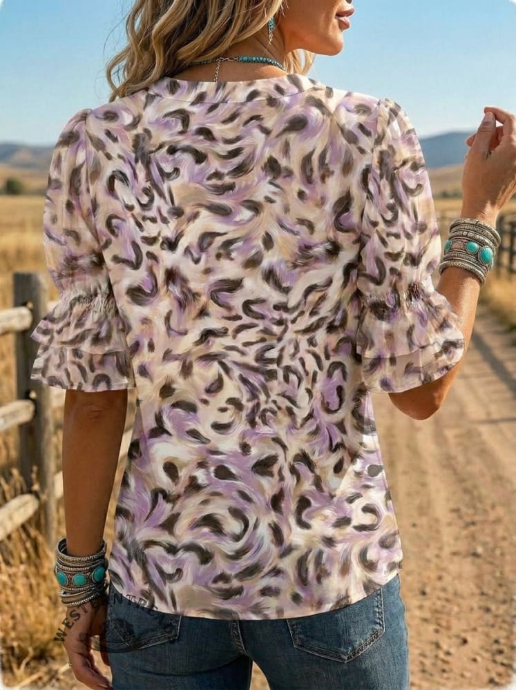 Women's Retro Leopard Floral Puff Sleeve Casual Shirt