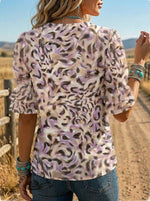 Women's Retro Leopard Floral Puff Sleeve Casual Shirt