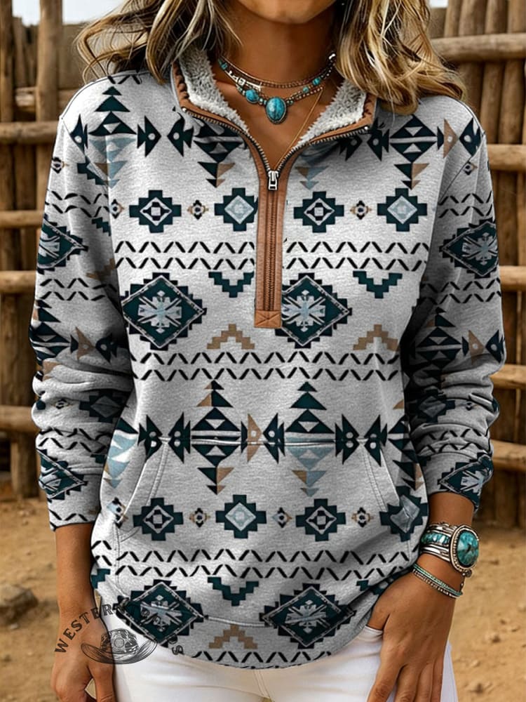 Retro Aztec Print Casual Half-zip Cotton Sweatshirt