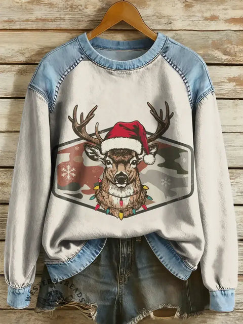 Christmas Print Casual Denim Patchwork Sweatshirt