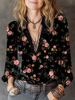 Women's Vintage Flowers Art Print Casual Cotton Shirt