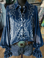 Women's Vintage Print Lantern Sleeve Velvet Top