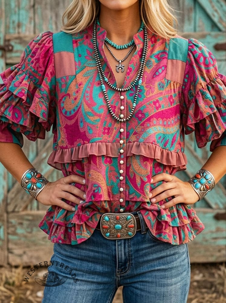 Vintage Paisley Art Print Casual Ruffle Shirt