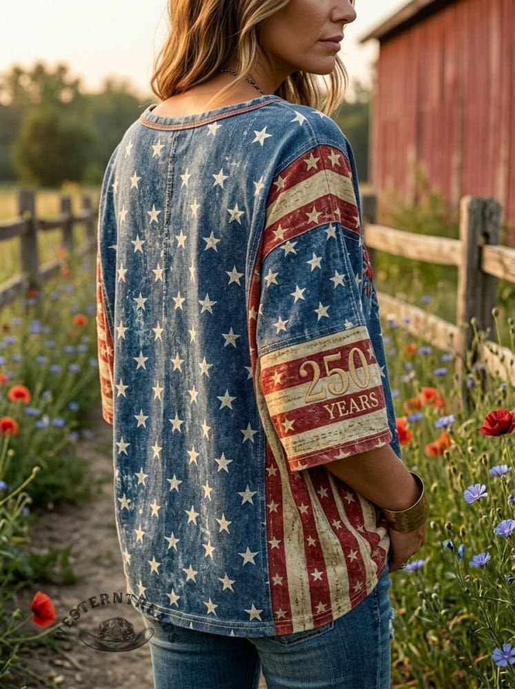 Vintage 250th Anniversary Fourth of July Print Casual V-neck Denim Top