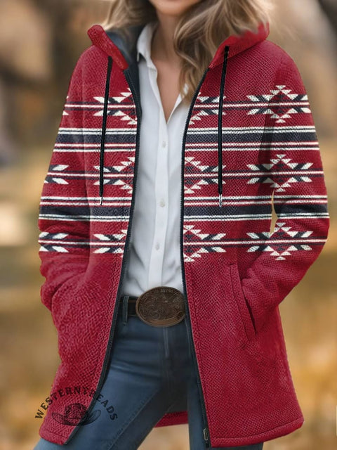 Aztec Print Unisex Plush Thick Long-sleeved Cardigan Coat