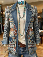 Vintage Aztec Art Print Patchwork Denim Cardigan Coat