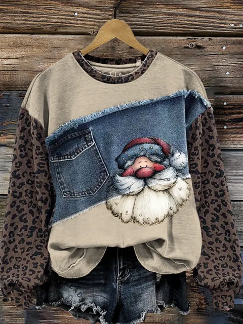 Funny Santa Claus Print Denim Patchwork Sweatshirt