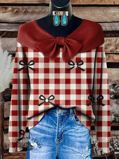 Women's Plaid and Bow Tie Print Casual Cotton Sweater