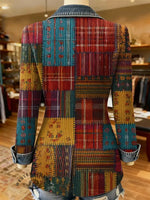 Retro Plaid Patchwork Art Print Patchwork Denim Sweater Cardigan Coat