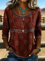 Retro Floral Art Print Casual Hollow Denim Shirt