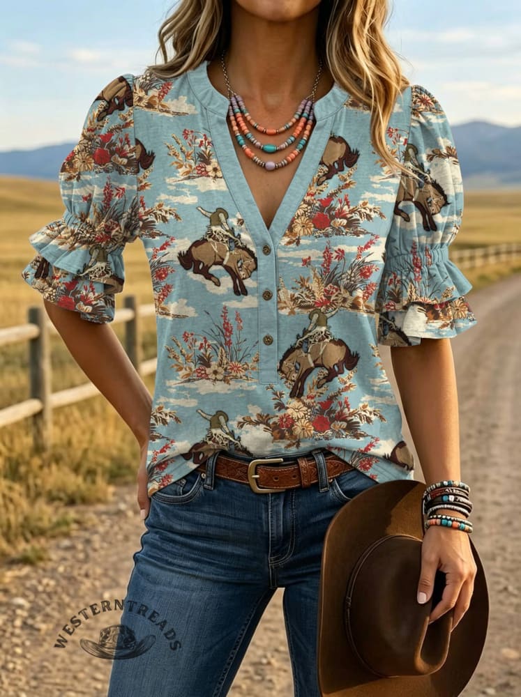 Women's Vintage Floral Print Puff Sleeve Casual Shirt
