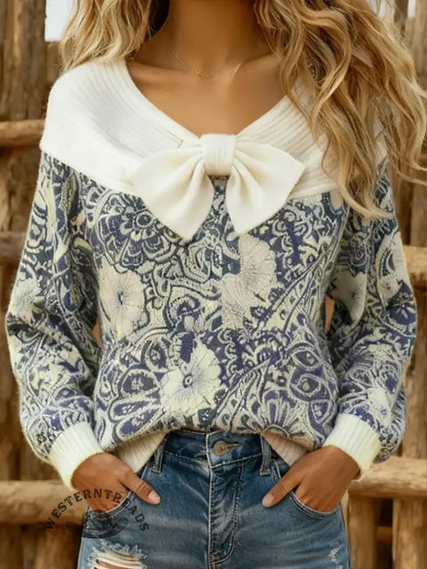 Elegant Floral Pattern Bow Detailed Sweater