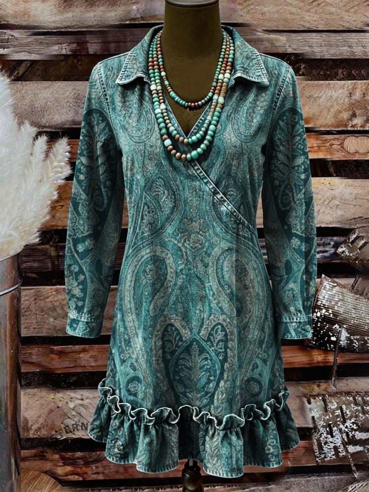 Vintage Paisley Print Casual Lapel Ruffled Denim Dress