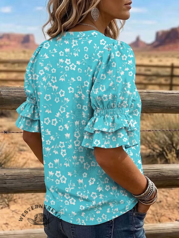 Vintage Art Print Comfortable Summer Fabrics Puff Sleeve Casual Shirt