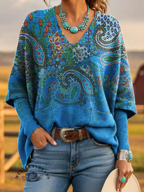 Women's Paisley Art Print Casual Knit Top