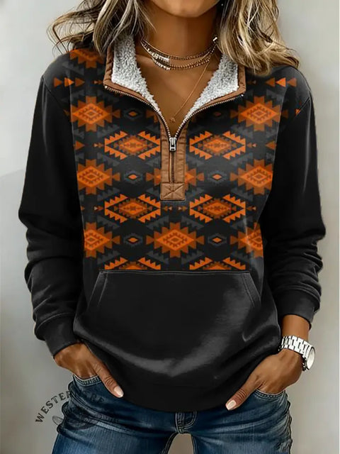 Retro Aztec Print Casual Half-zip Cotton Sweatshirt
