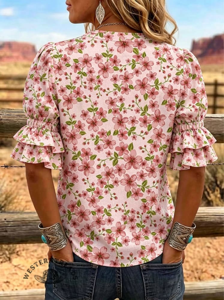 Women's Floral Print Puff Sleeve Casual Shirt