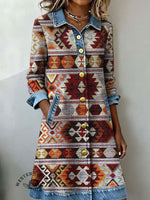 Women's Aztec Print Casual Denim Patchwork Dress