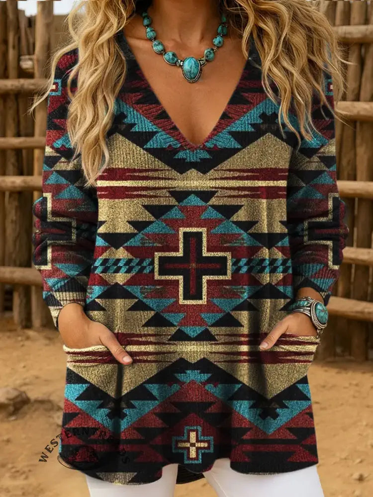 Women's Vintage Aztec Printed Casual Knitted V-Neck Pocket Top