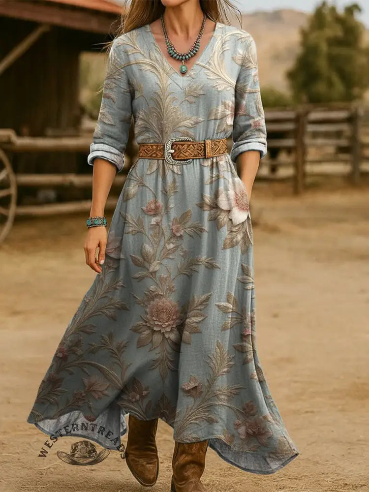 Women's Vintage Flowers Print Cotton Pocket Dress