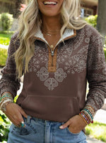 Floral Print Casual Half-zip Cotton Sweatshirt