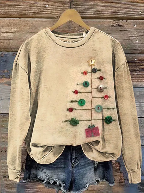 Retro Button Embroidered Visual Christmas Tree Casual Cotton Sweatshirt
