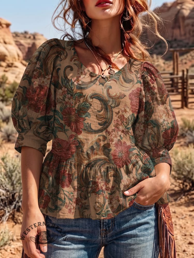 Women's Vintage Art Puff Sleeve Top