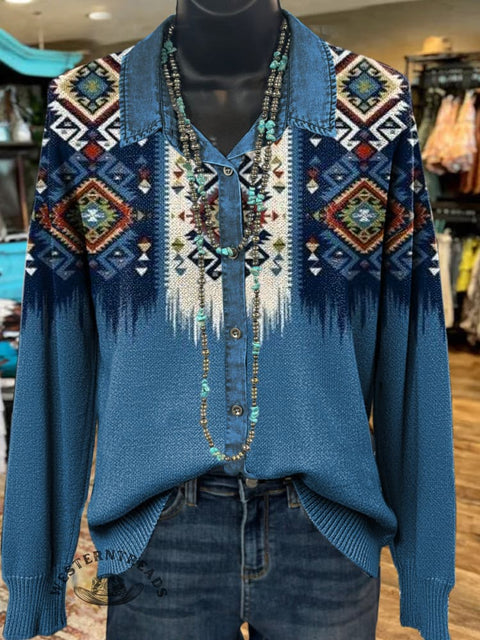 Denim Aztec Polo Collar Button Cardigan Sweater