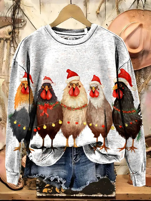 Christmas Chicken Art Casual Cotton Sweatshirt